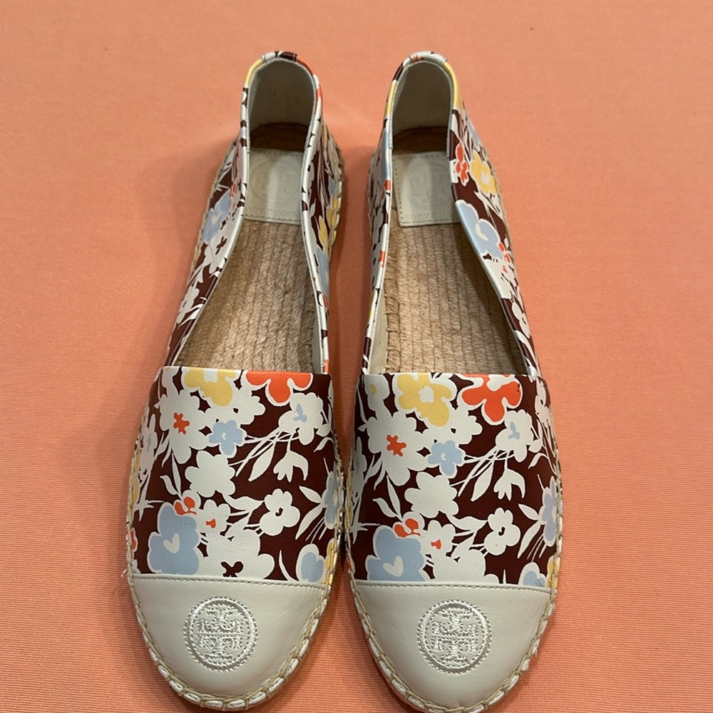New Tory Burch Hopewell Napa Leather Color Block Espadrille Flat size 8.5.